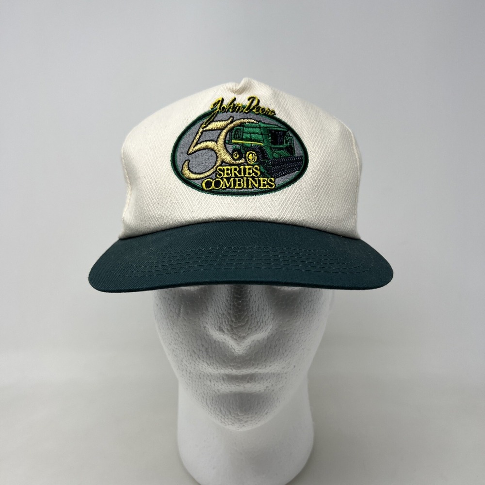 John Deere 50 Series Combines Hat White Adult‎ Snapback Vtg USA